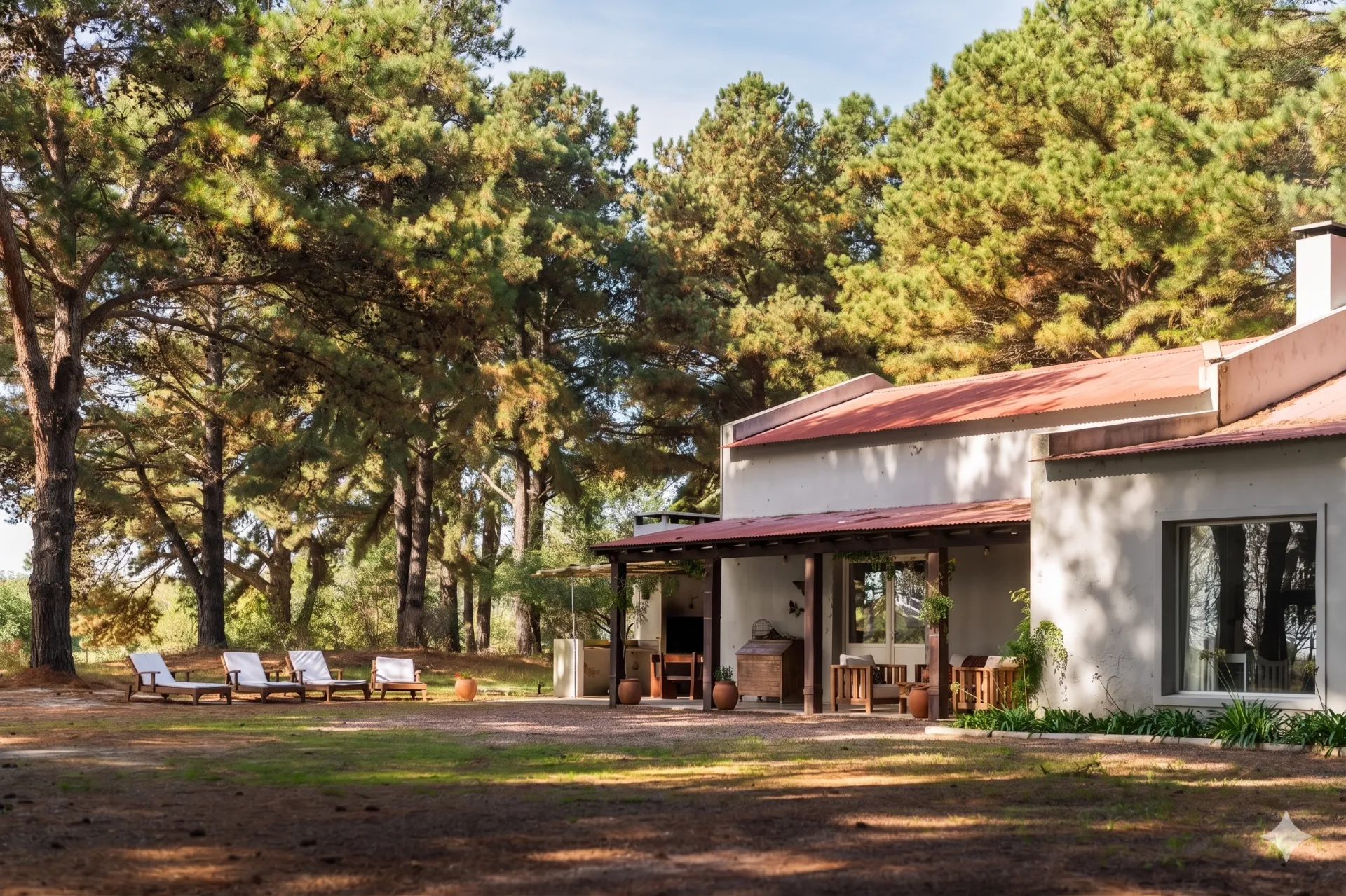 Vista exterior con reposeras y pinos